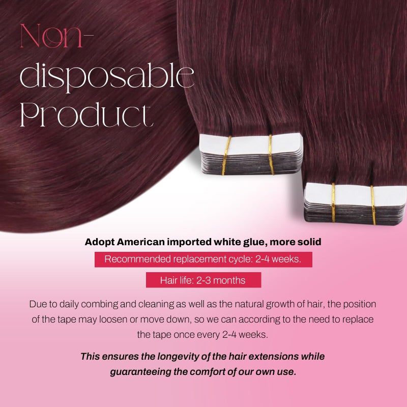 Moresoo Burgundy Tape in Extensions Real Human Hair Seamless Hair Extensions Wine Red Human Hair Extensions Tape in Extensions Silky Straight Human Hair 14 Inch #99J 20pcs 40g - Image 3